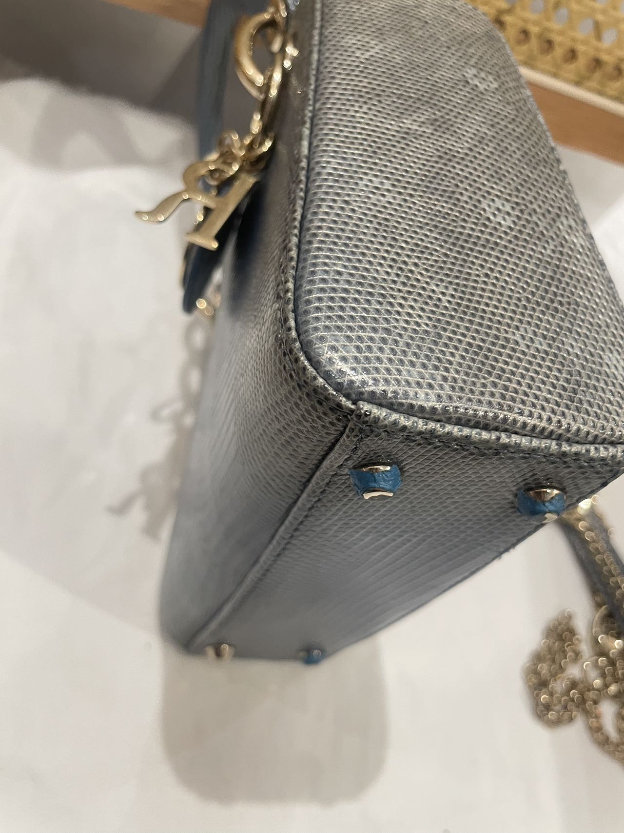 Pre-owned Certified Dior Mini Lady Dior Natural Rare Lizard Skin Blue Ombre Light Golden Hardware, 2022, w/ Full Set