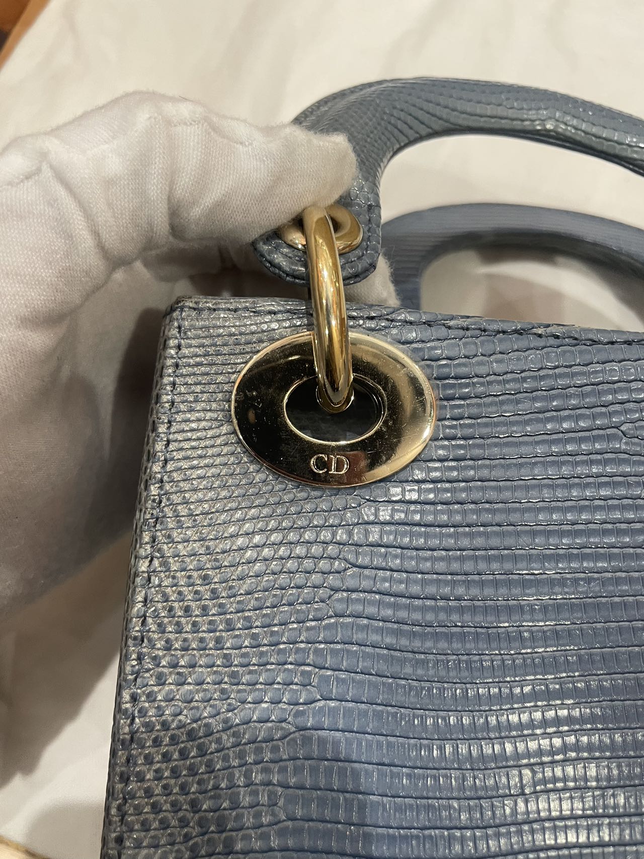 Pre-owned Certified Dior Mini Lady Dior Natural Rare Lizard Skin Blue Ombre Light Golden Hardware, 2022, w/ Full Set