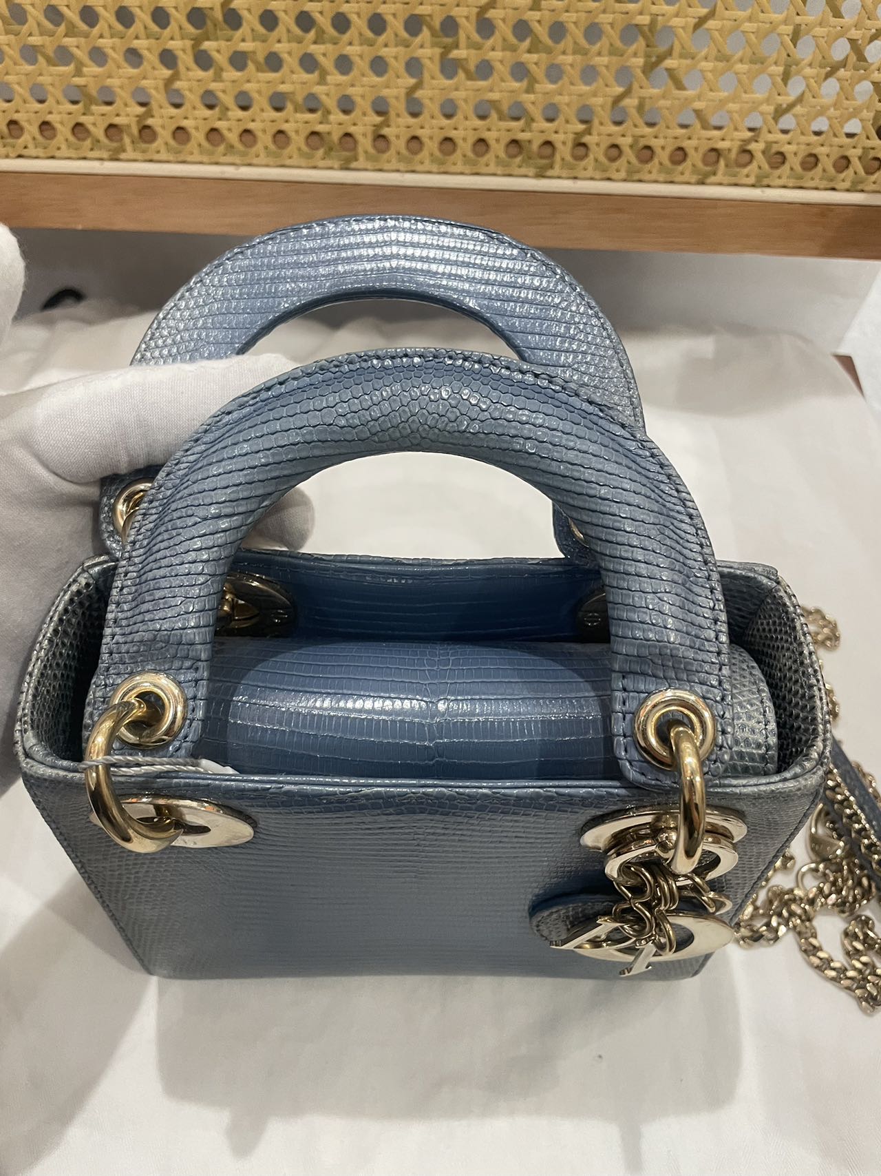 Pre-owned Certified Dior Mini Lady Dior Natural Rare Lizard Skin Blue Ombre Light Golden Hardware, 2022, w/ Full Set