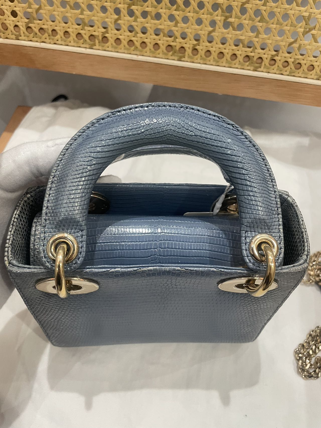 Pre-owned Certified Dior Mini Lady Dior Natural Rare Lizard Skin Blue Ombre Light Golden Hardware, 2022, w/ Full Set