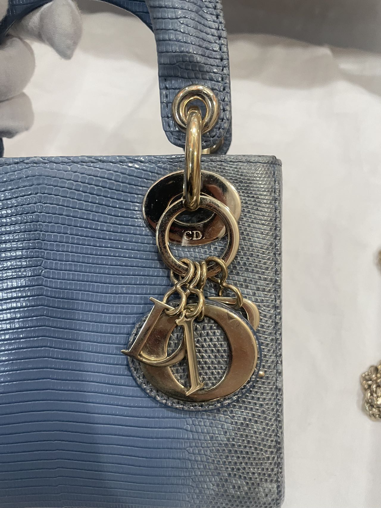 Pre-owned Certified Dior Mini Lady Dior Natural Rare Lizard Skin Blue Ombre Light Golden Hardware, 2022, w/ Full Set