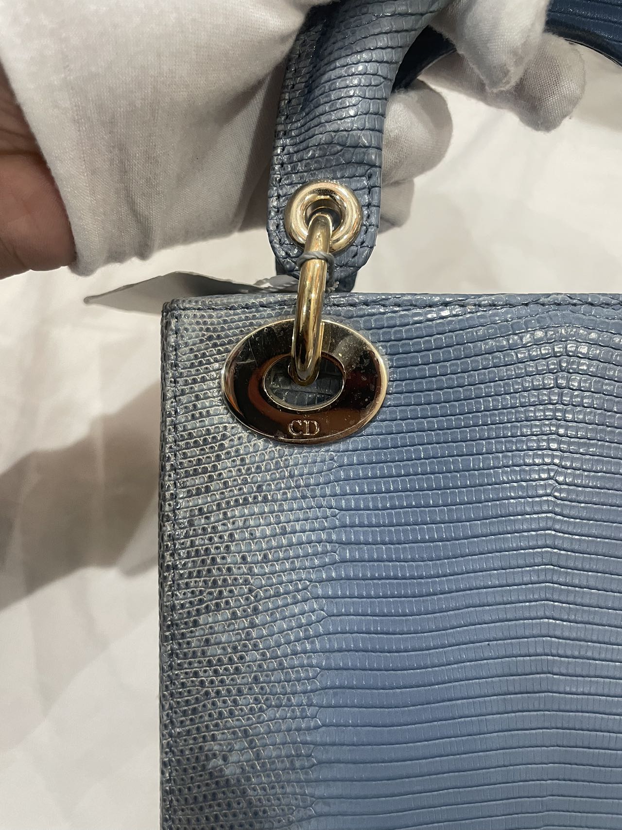 Pre-owned Certified Dior Mini Lady Dior Natural Rare Lizard Skin Blue Ombre Light Golden Hardware, 2022, w/ Full Set