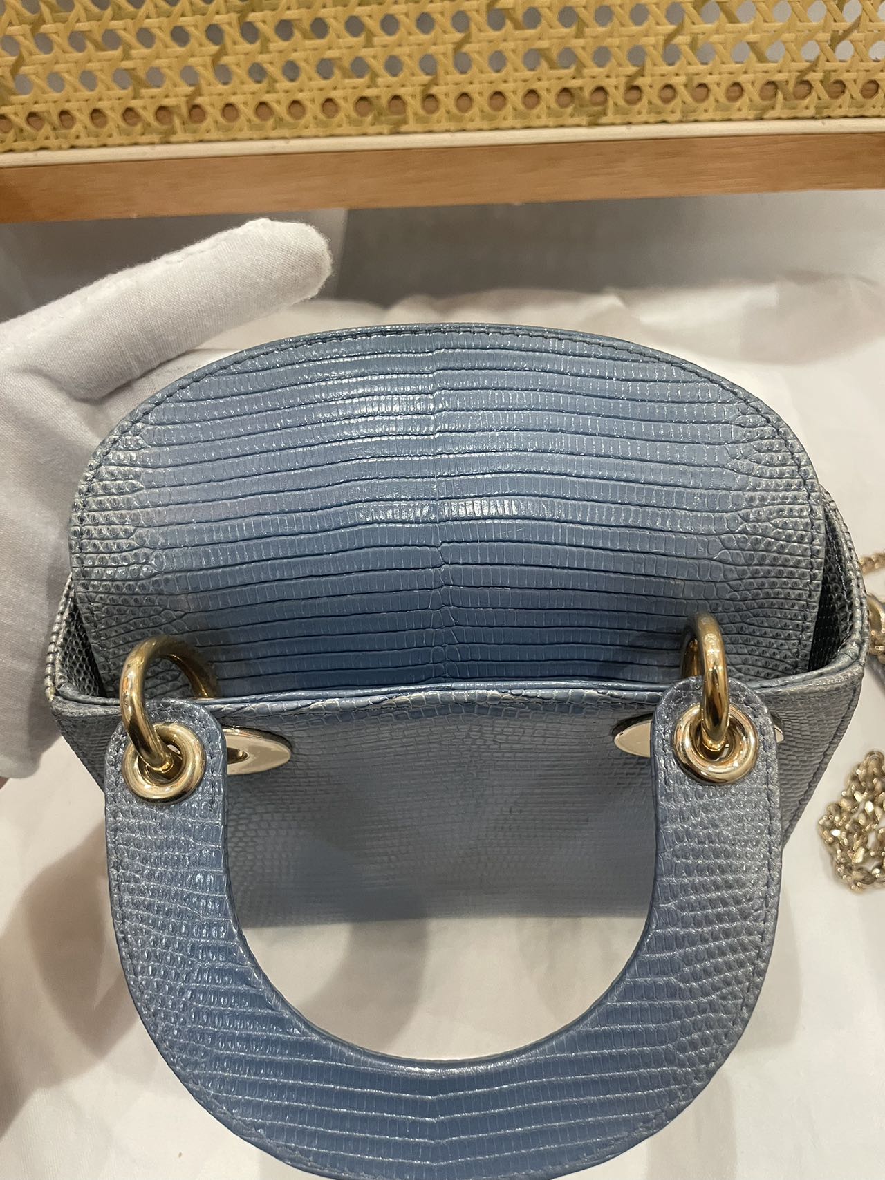 Pre-owned Certified Dior Mini Lady Dior Natural Rare Lizard Skin Blue Ombre Light Golden Hardware, 2022, w/ Full Set