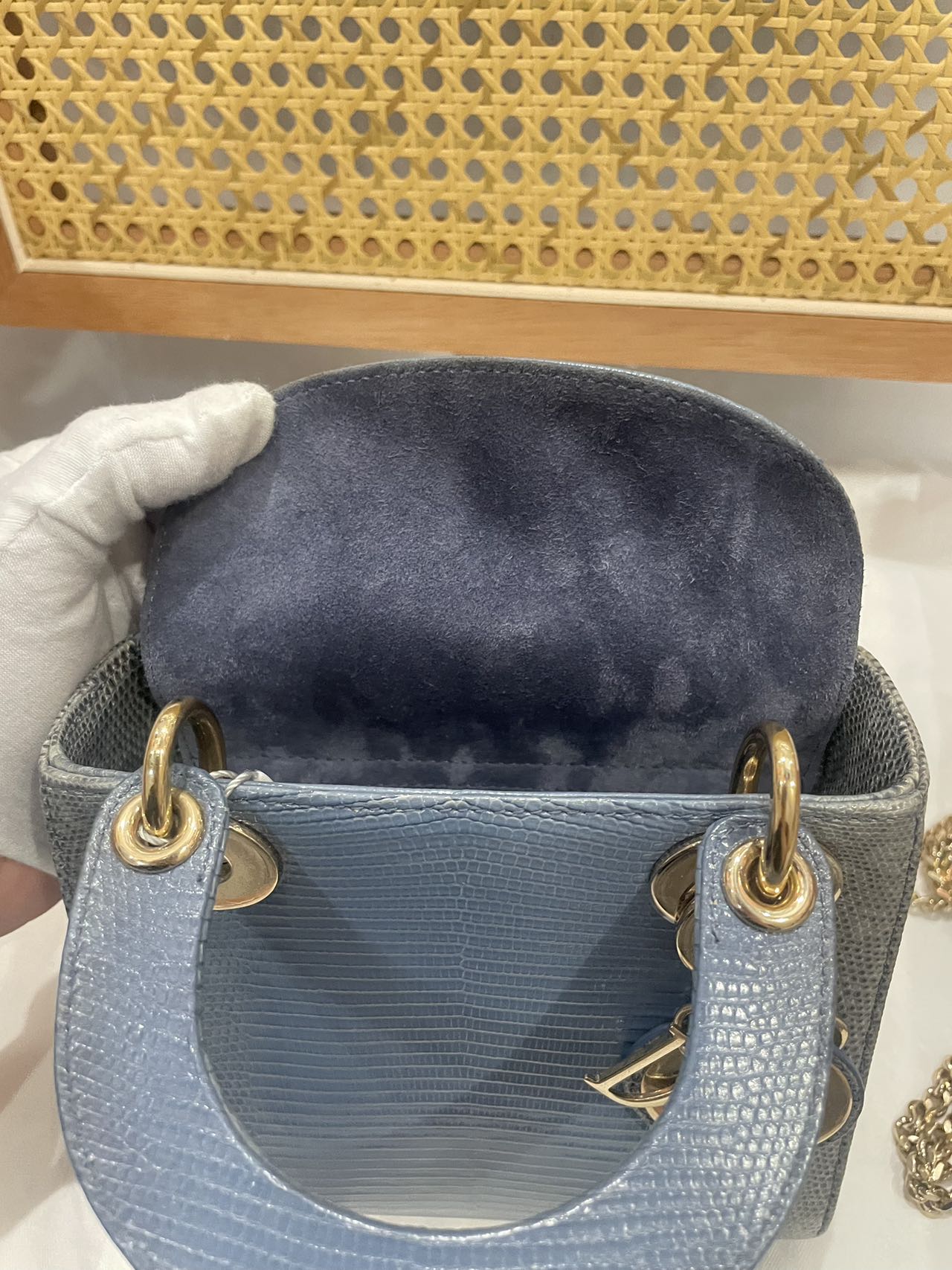 Pre-owned Certified Dior Mini Lady Dior Natural Rare Lizard Skin Blue Ombre Light Golden Hardware, 2022, w/ Full Set