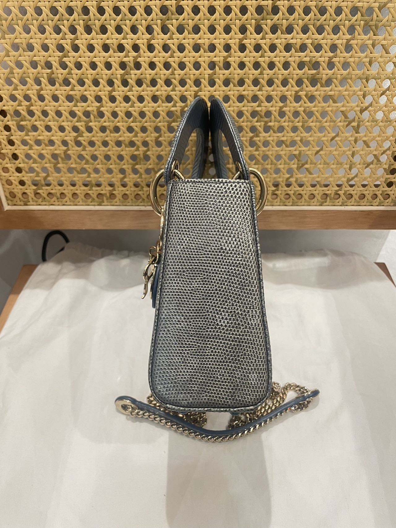 Pre-owned Certified Dior Mini Lady Dior Natural Rare Lizard Skin Blue Ombre Light Golden Hardware, 2022, w/ Full Set