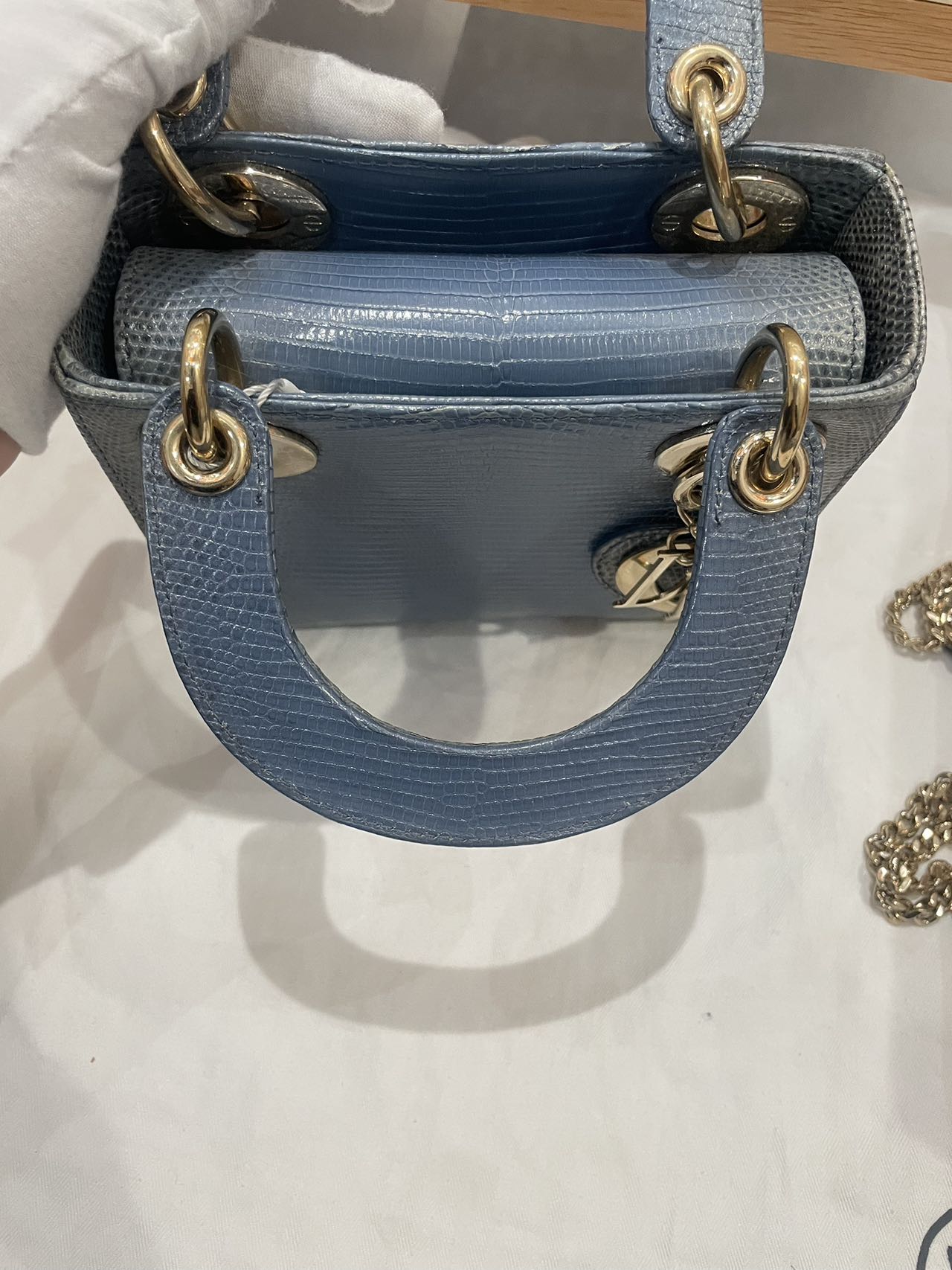 Pre-owned Certified Dior Mini Lady Dior Natural Rare Lizard Skin Blue Ombre Light Golden Hardware, 2022, w/ Full Set