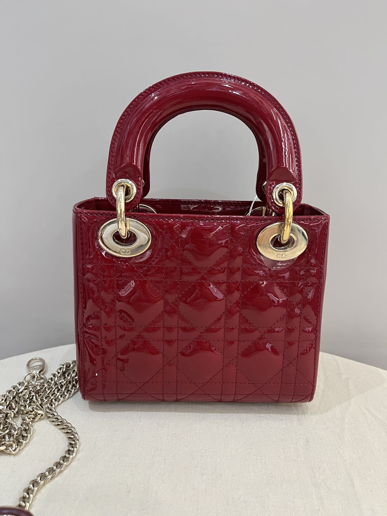 Pre-owned Certified Dior Mini Lady Dior in  in Dark Cherry Red Patent Leather with Light Golden Hardware, 2019, w/full set