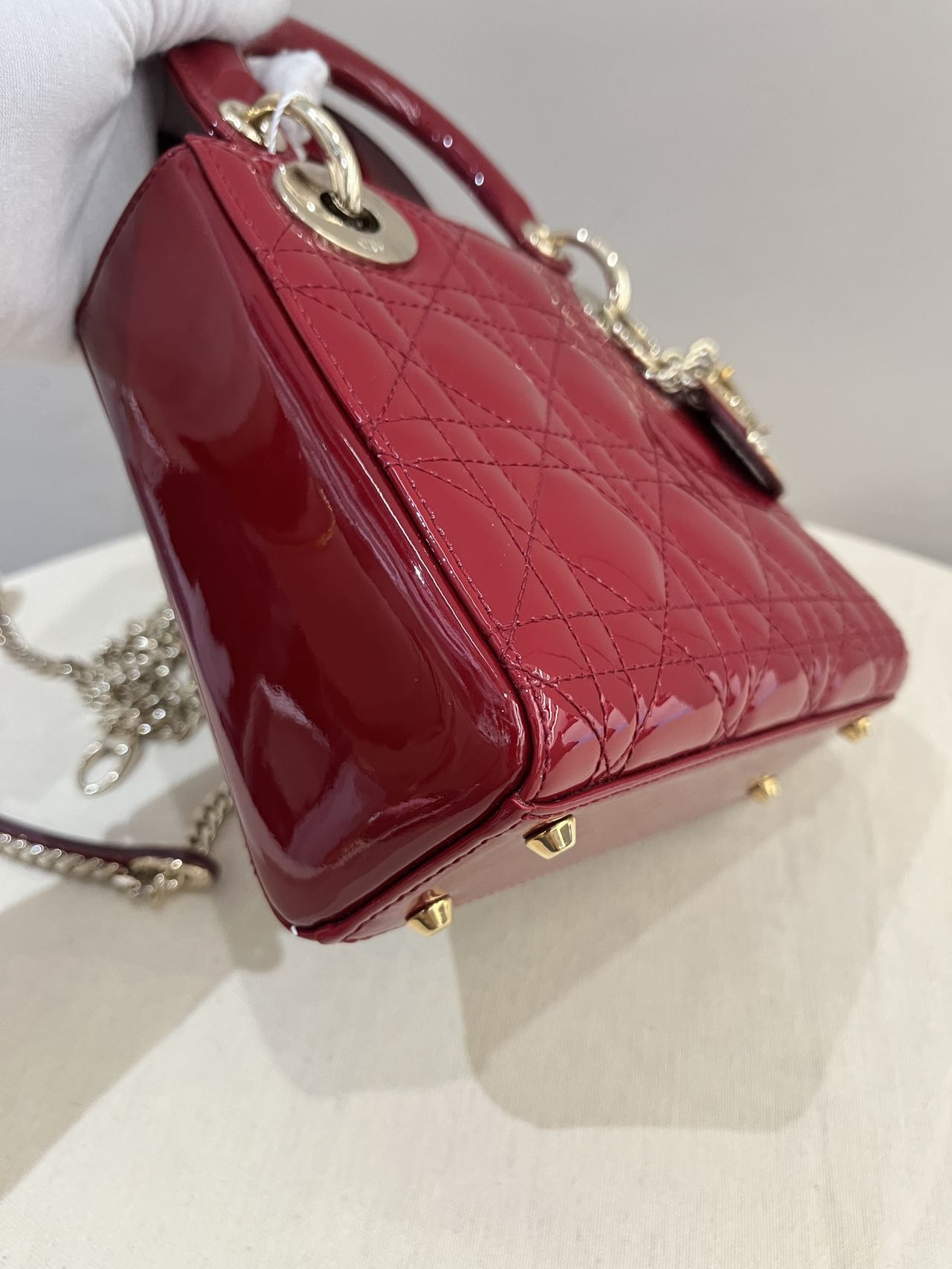 Pre-owned Certified Dior Mini Lady Dior in  in Dark Cherry Red Patent Leather with Light Golden Hardware, 2019, w/full set