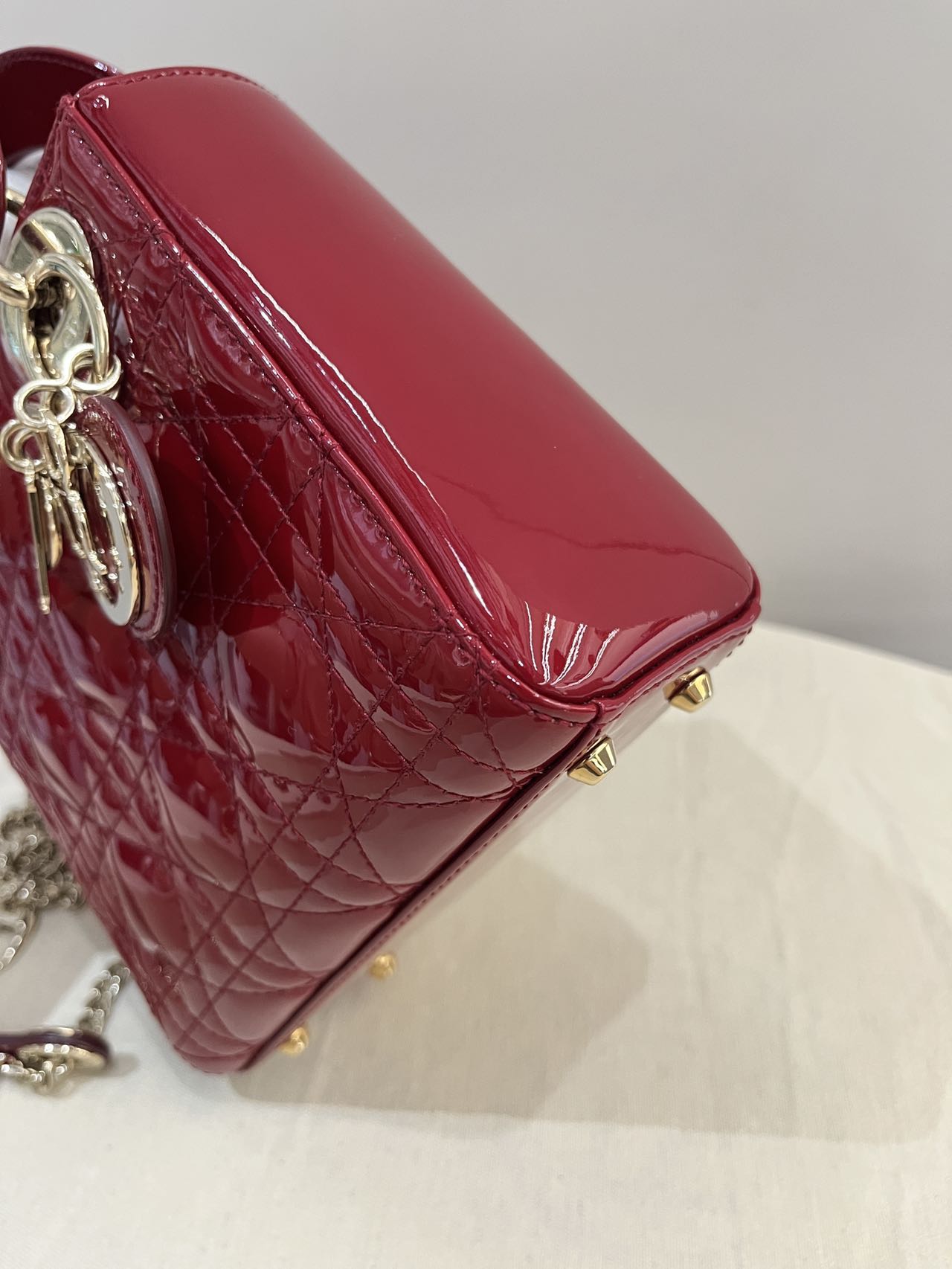 Pre-owned Certified Dior Mini Lady Dior in  in Dark Cherry Red Patent Leather with Light Golden Hardware, 2019, w/full set