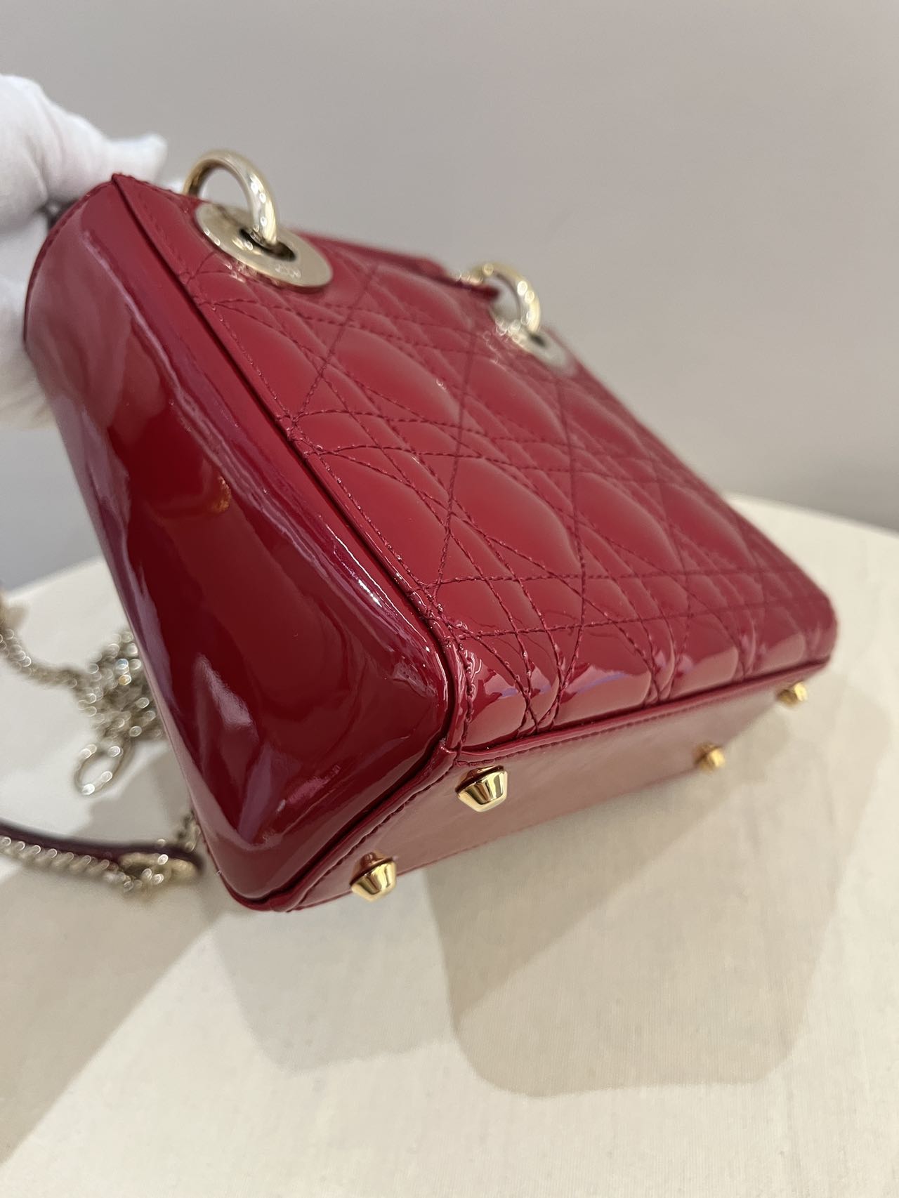 Pre-owned Certified Dior Mini Lady Dior in  in Dark Cherry Red Patent Leather with Light Golden Hardware, 2019, w/full set