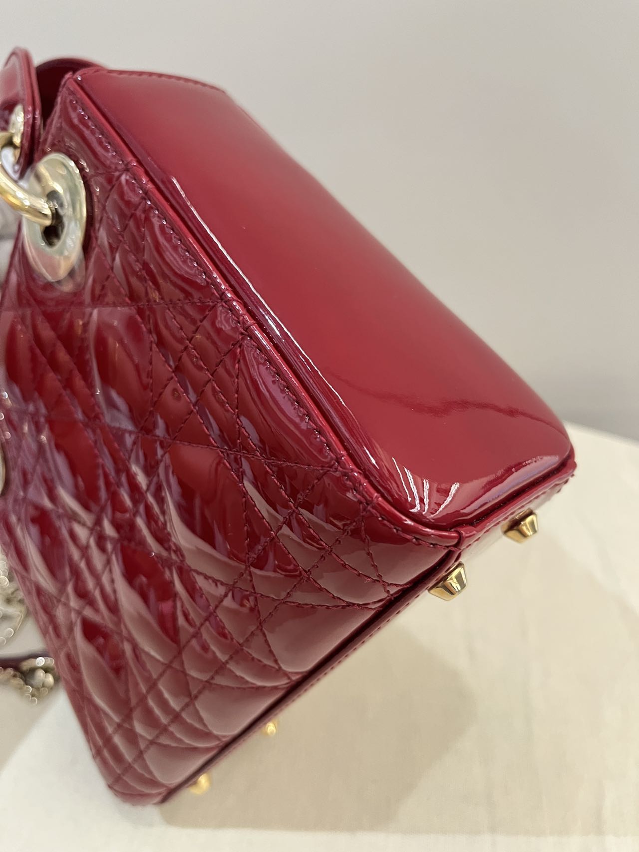 Pre-owned Certified Dior Mini Lady Dior in  in Dark Cherry Red Patent Leather with Light Golden Hardware, 2019, w/full set