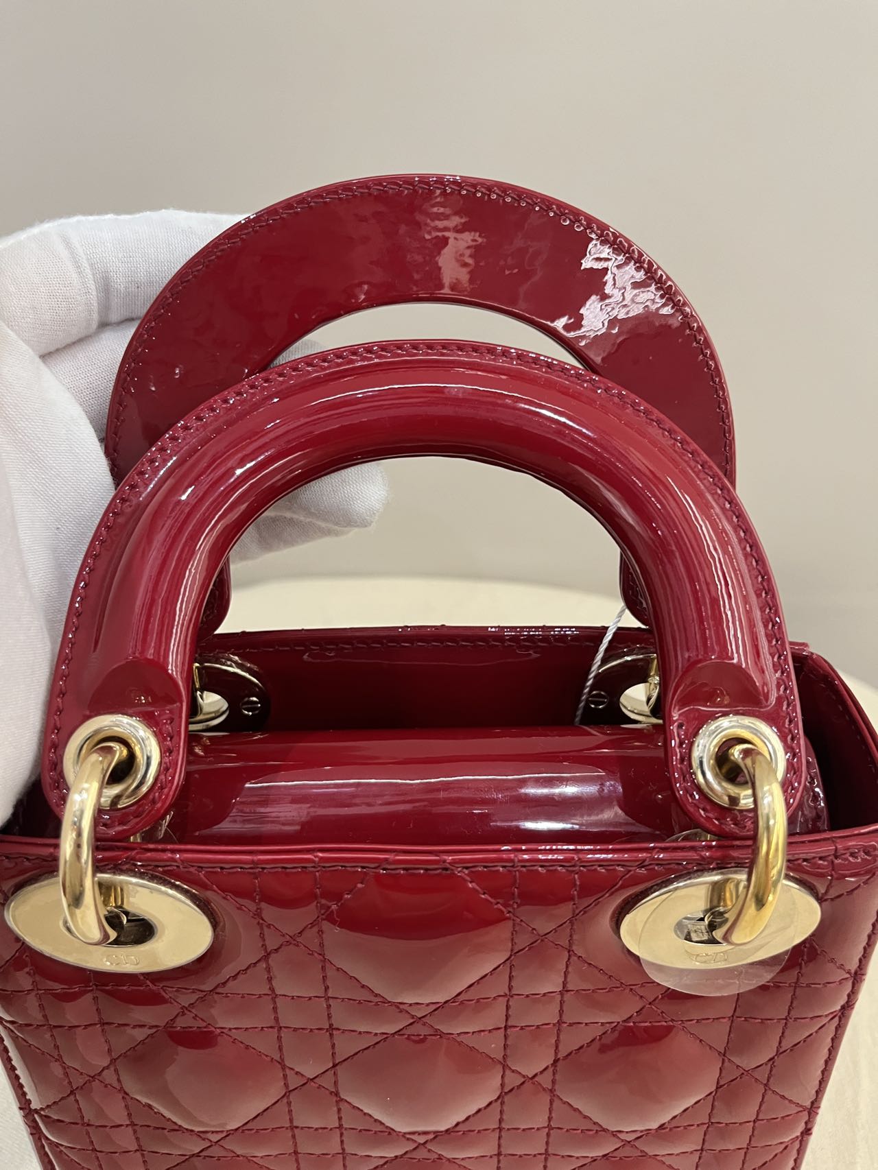 Pre-owned Certified Dior Mini Lady Dior in  in Dark Cherry Red Patent Leather with Light Golden Hardware, 2019, w/full set