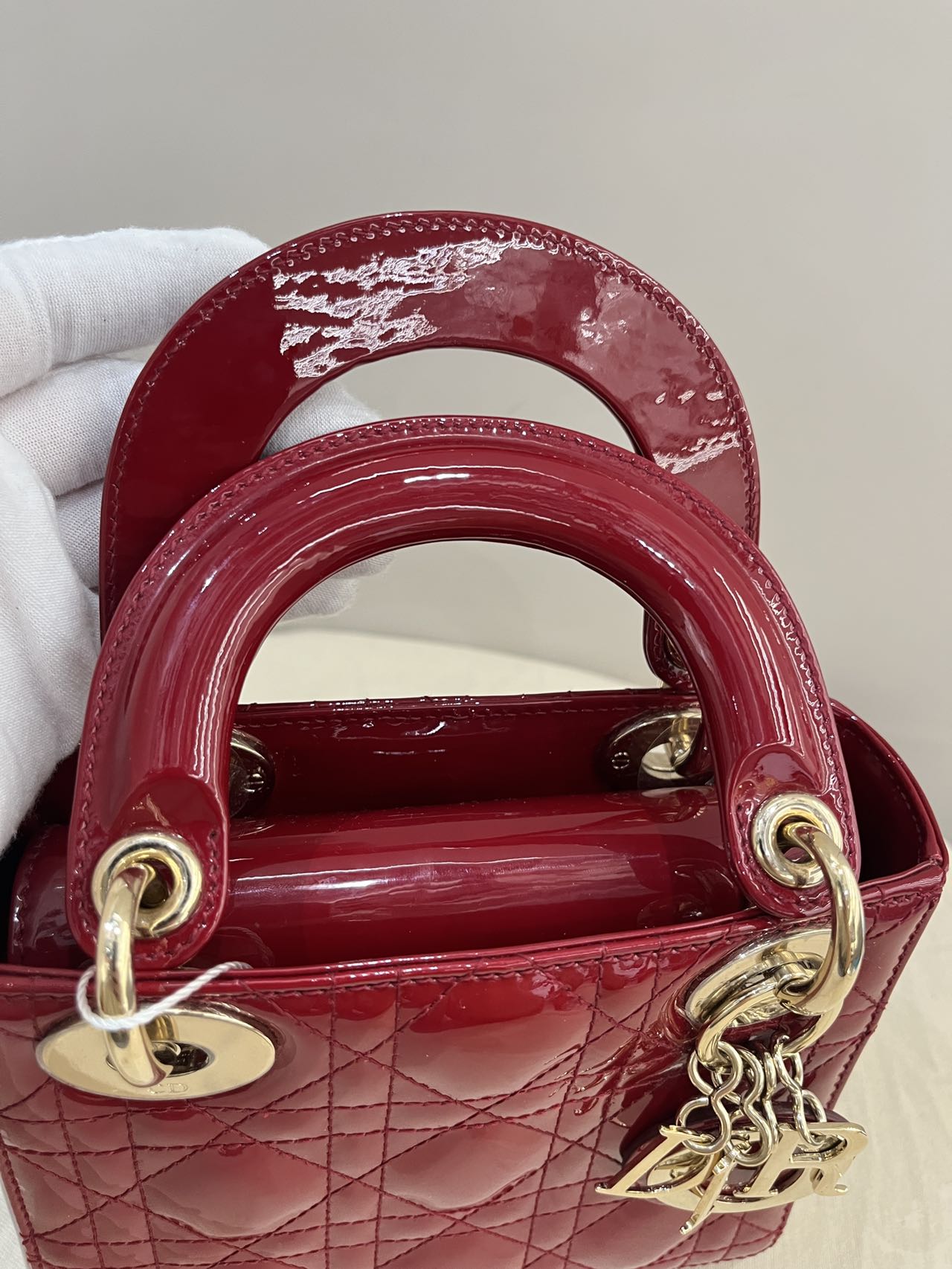 Pre-owned Certified Dior Mini Lady Dior in  in Dark Cherry Red Patent Leather with Light Golden Hardware, 2019, w/full set