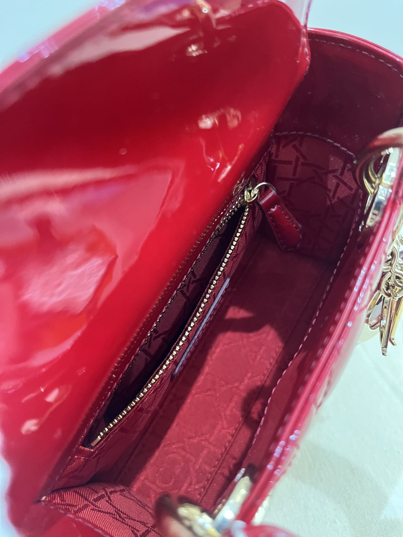 Pre-owned Certified Dior Mini Lady Dior in  in Dark Cherry Red Patent Leather with Light Golden Hardware, 2019, w/full set
