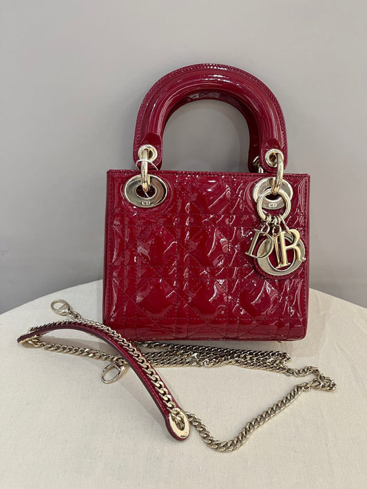 Pre-owned Certified Dior Mini Lady Dior in  in Dark Cherry Red Patent Leather with Light Golden Hardware, 2019, w/full set