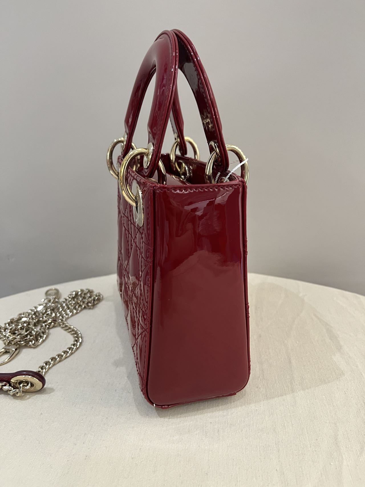 Pre-owned Certified Dior Mini Lady Dior in  in Dark Cherry Red Patent Leather with Light Golden Hardware, 2019, w/full set