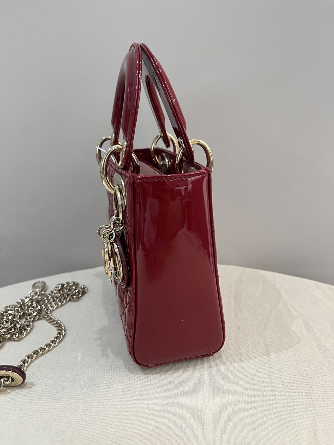 Pre-owned Certified Dior Mini Lady Dior in  in Dark Cherry Red Patent Leather with Light Golden Hardware, 2019, w/full set