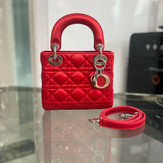 Pre-owned Mini Lady Dior Red Satin Silver Hw, 2013, w/ tags, card, dust bag, strap