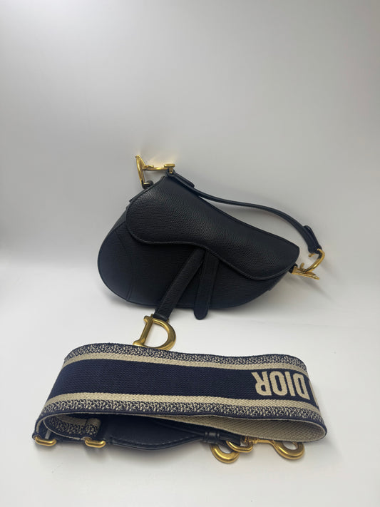 Pre-owned Certified Dior Mini Saddle Black Grained Calfskin with Golden Hardware, set with Canvas Strap, 2018, w/ dust bag, strap
