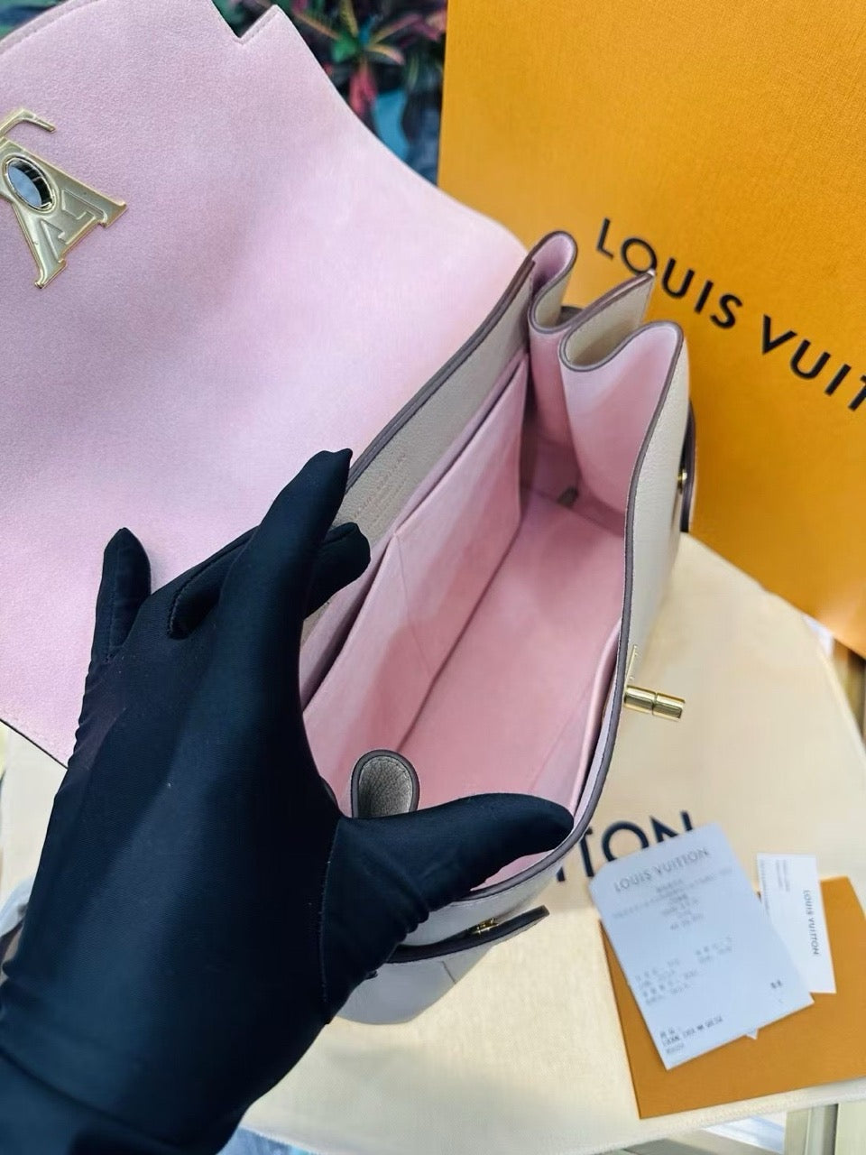 Pre-owned Brand New LV Louis Vuitton My Lockme Ever Etoupe Calfskin with Pink Interior, Golden hw, 2023 microchipped model, w/ Full Set