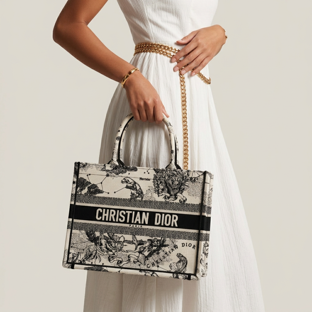 Pre-owned Certified Dior Book tote MM with Black and White Zodiac Embroidery, 2021, w/ dust bag