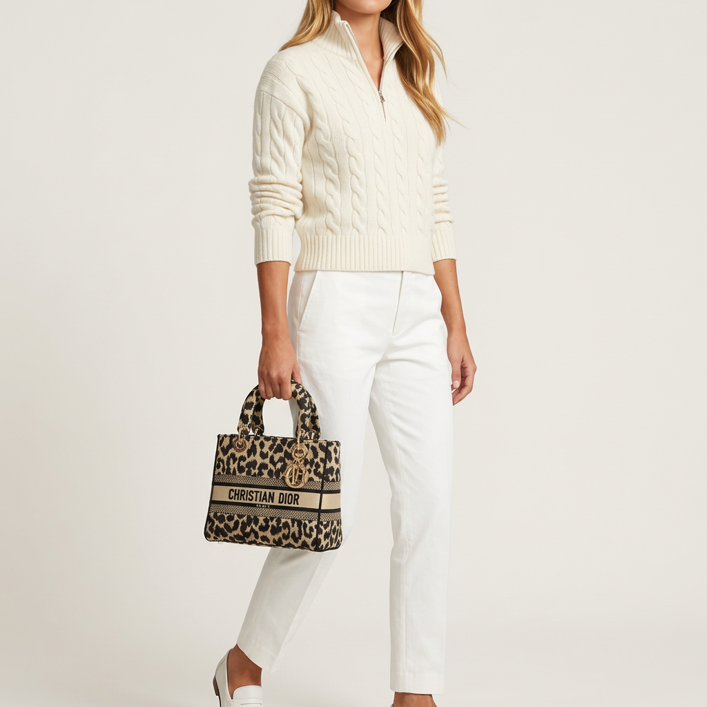 Pre-owned Certified Dior Medium Lady D-Lite in Leopard Print Canvas with Golden Hardware, 2022, w/ dust bag, strap