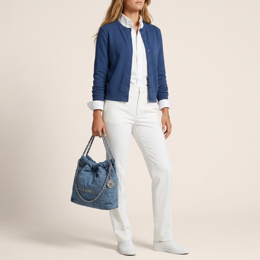 Pre-owned Certified Chanel Small 22Bag in Washed Denim with Silver Hardware, Studded, 2024 microchipped, w/ microchip, pouch, dust bag