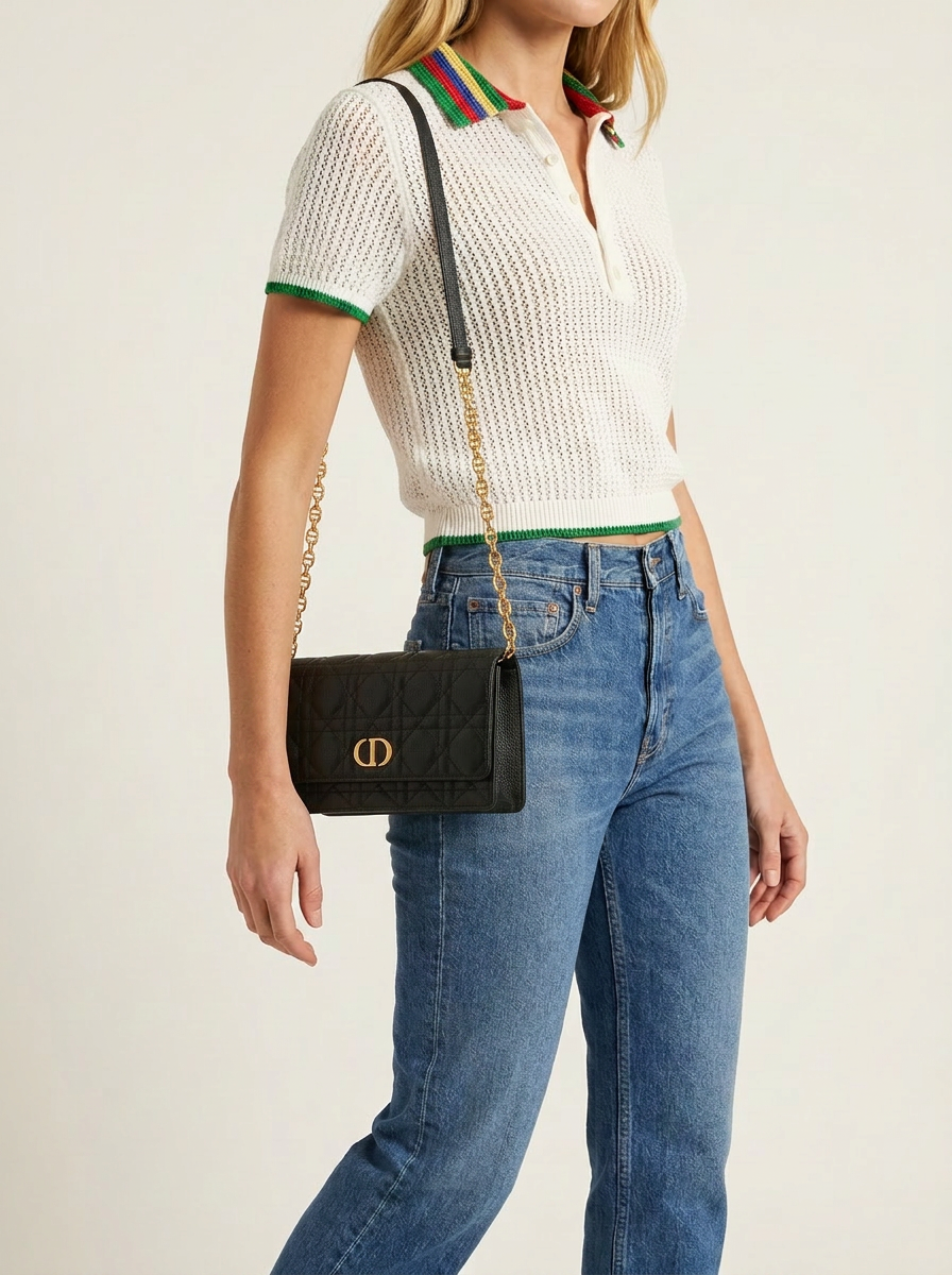 Pre-owned Certified Dior Caro Pouch with Chain in Black Calfskin with Golden hardware, 2021, w/full set