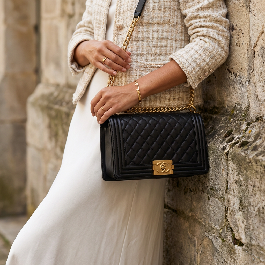 Pre-owned Certified Chanel Medium Boy Bag in Black Calfskin with Golden Hardware, 2022 Microchipped, w/ full set