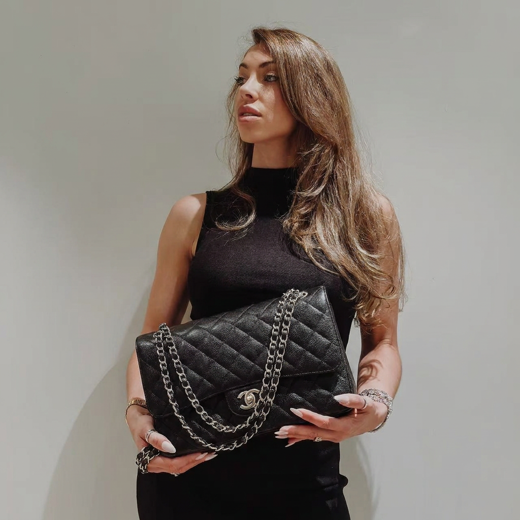 Pre-owned Certified Chanel Jumbo CF Double Classic Flap in Black Caviar Leather with Silver Hardware, 2012-2013, w/ Full Set