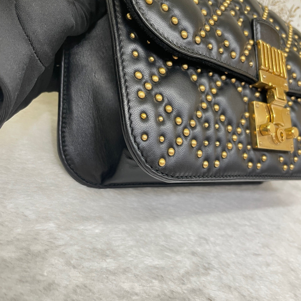 Pre-owned Certified Dior Dioraddict Black Lambskin Golden Studded, with Dior card, dust bag