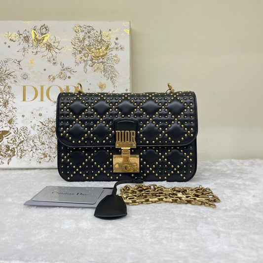 Pre-owned Certified Dior Dioraddict Black Lambskin Golden Studded, with Dior card, dust bag