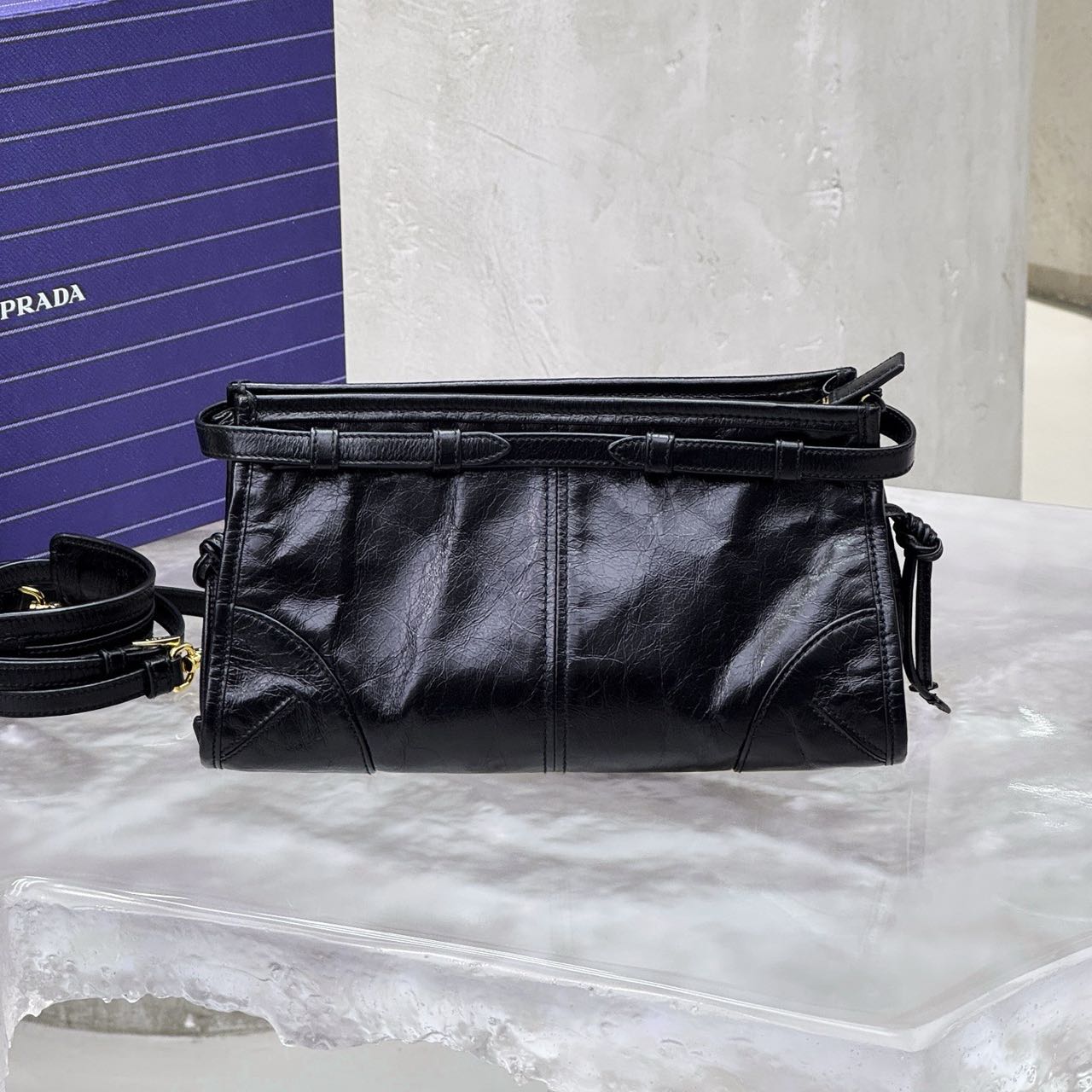Pre-owned Certified Prada Medium Bonnie Shoulder Bag in Black Waxy Leather with Golden Hardware, 2020, w/ full set