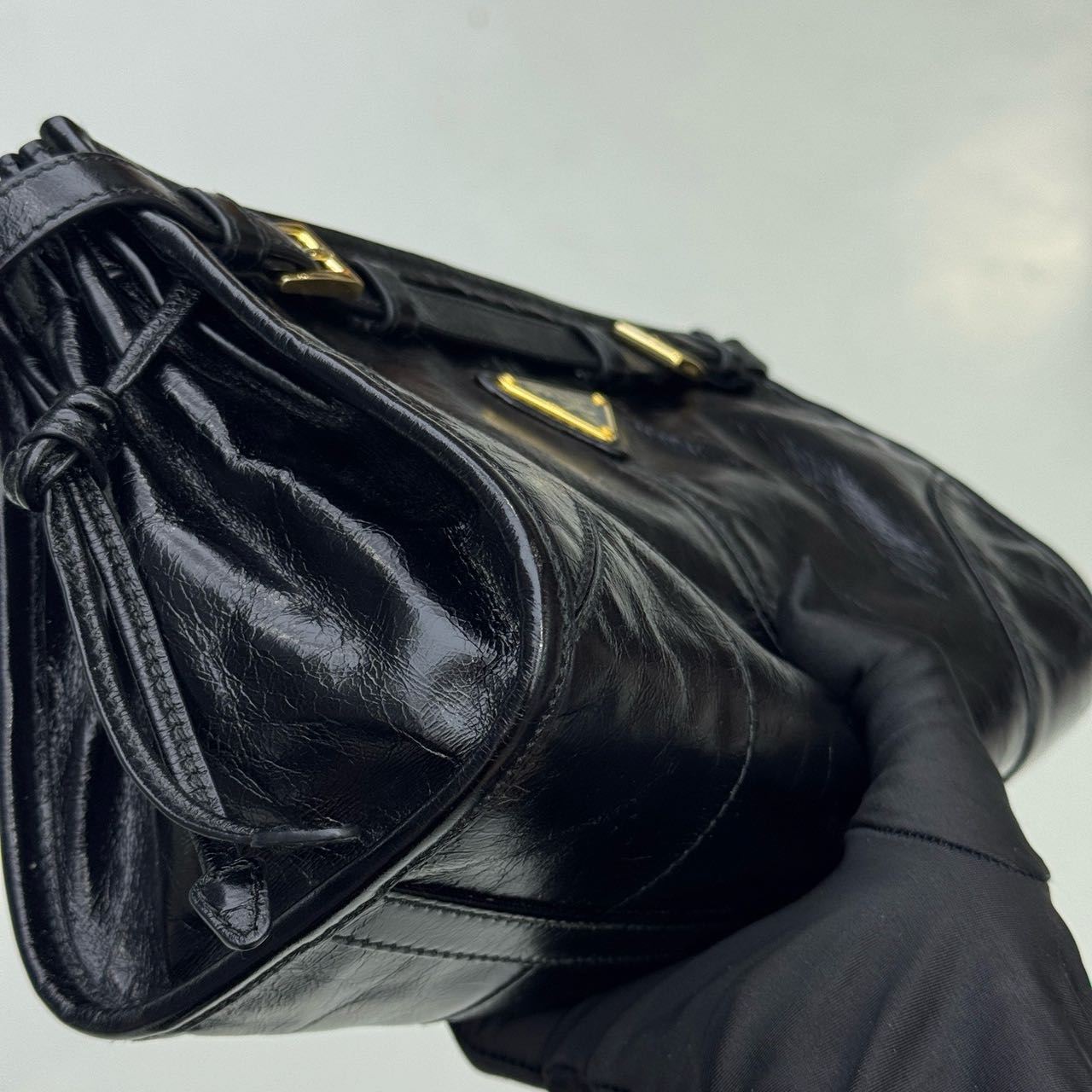 Pre-owned Certified Prada Medium Bonnie Shoulder Bag in Black Waxy Leather with Golden Hardware, 2020, w/ full set