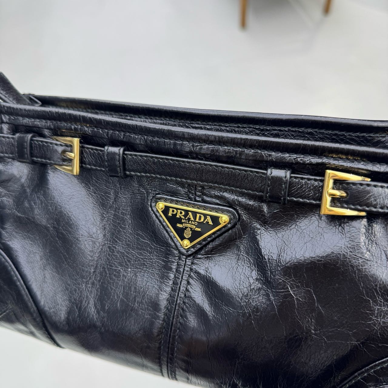 Pre-owned Certified Prada Medium Bonnie Shoulder Bag in Black Waxy Leather with Golden Hardware, 2020, w/ full set