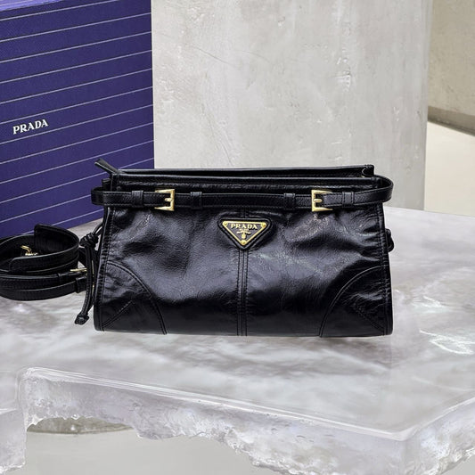 Pre-owned Certified Prada Medium Bonnie Shoulder Bag in Black Waxy Leather with Golden Hardware, 2020, w/ full set