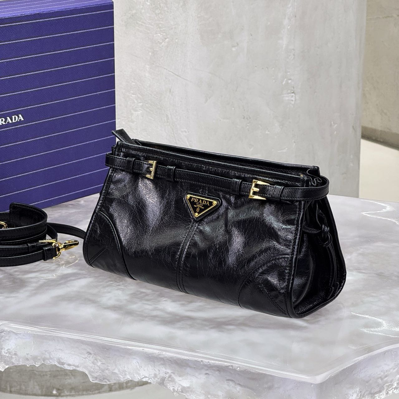 Pre-owned Certified Prada Medium Bonnie Shoulder Bag in Black Waxy Leather with Golden Hardware, 2020, w/ full set