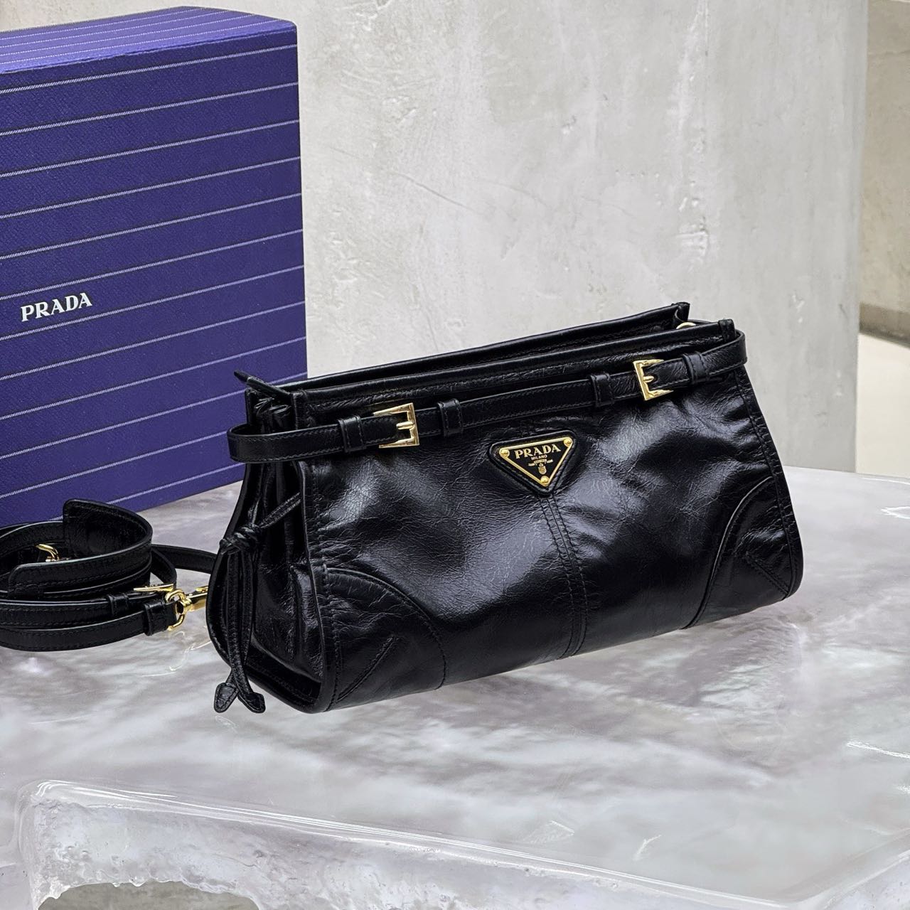 Pre-owned Certified Prada Medium Bonnie Shoulder Bag in Black Waxy Leather with Golden Hardware, 2020, w/ full set