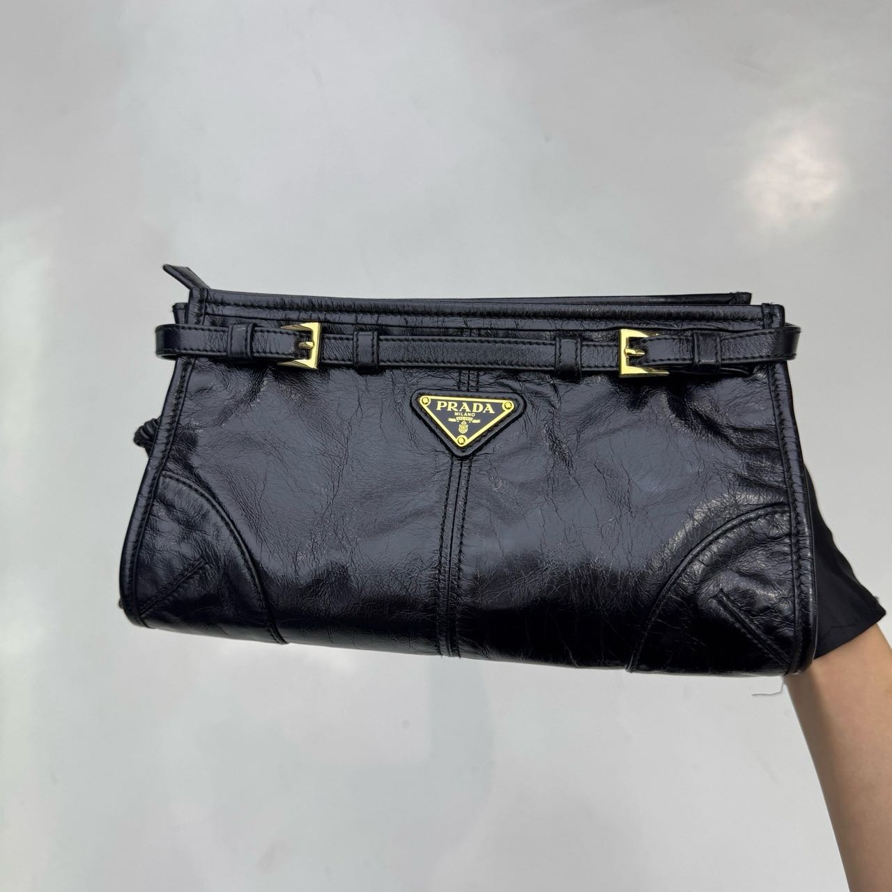Pre-owned Certified Prada Medium Bonnie Shoulder Bag in Black Waxy Leather with Golden Hardware, 2020, w/ full set