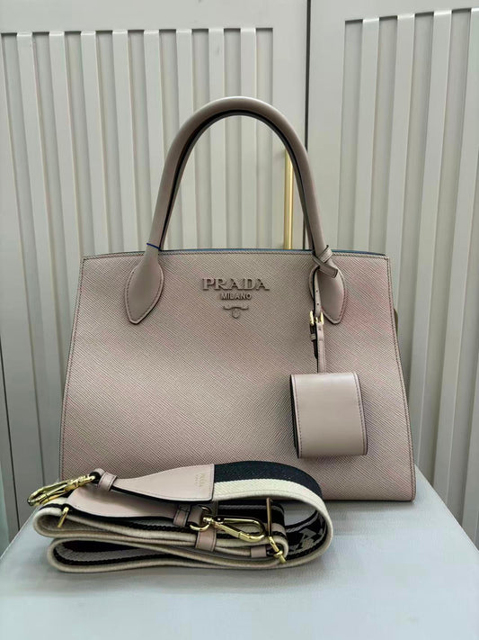 Pre-owned Certified Prada Monochrome Tote Nude Pink Saffiano Leather, w/ dust bag, strap