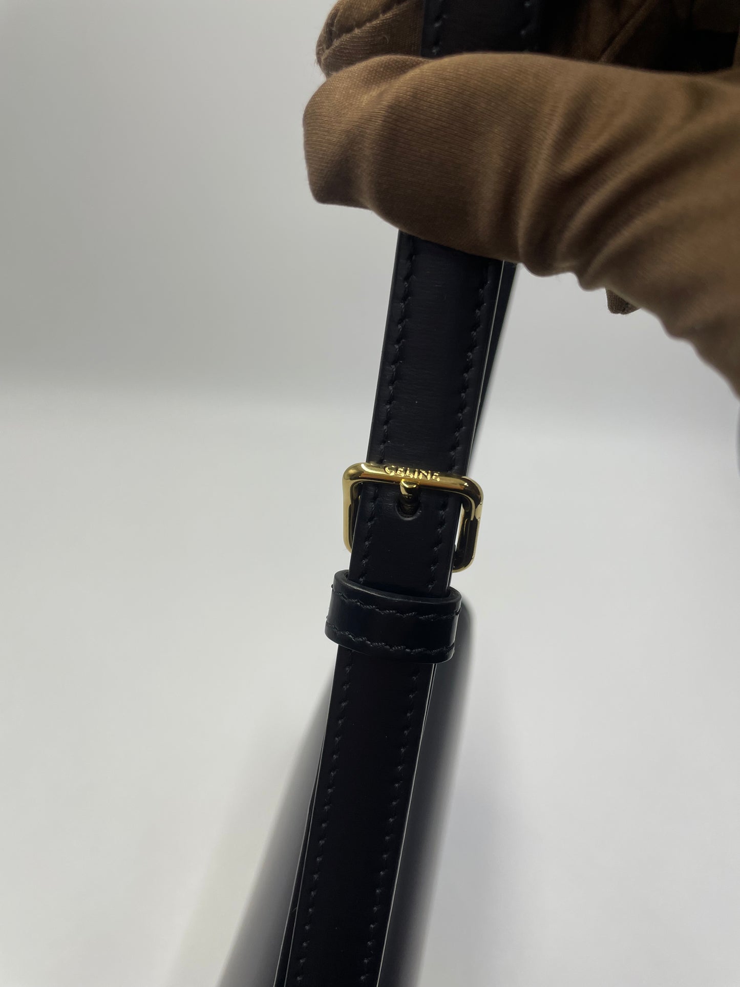 Pre-owned Certified Celine Triomphe Shoulder Bag in Black Shiny Calfskin with Golden Hardware, 2022, w/ dust bag