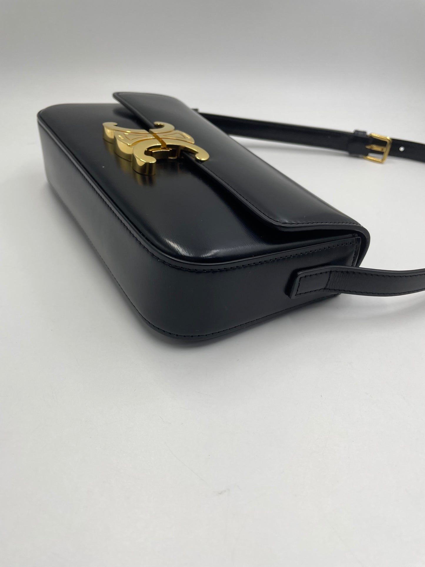 Pre-owned Certified Celine Triomphe Shoulder Bag in Black Shiny Calfskin with Golden Hardware, 2022, w/ dust bag