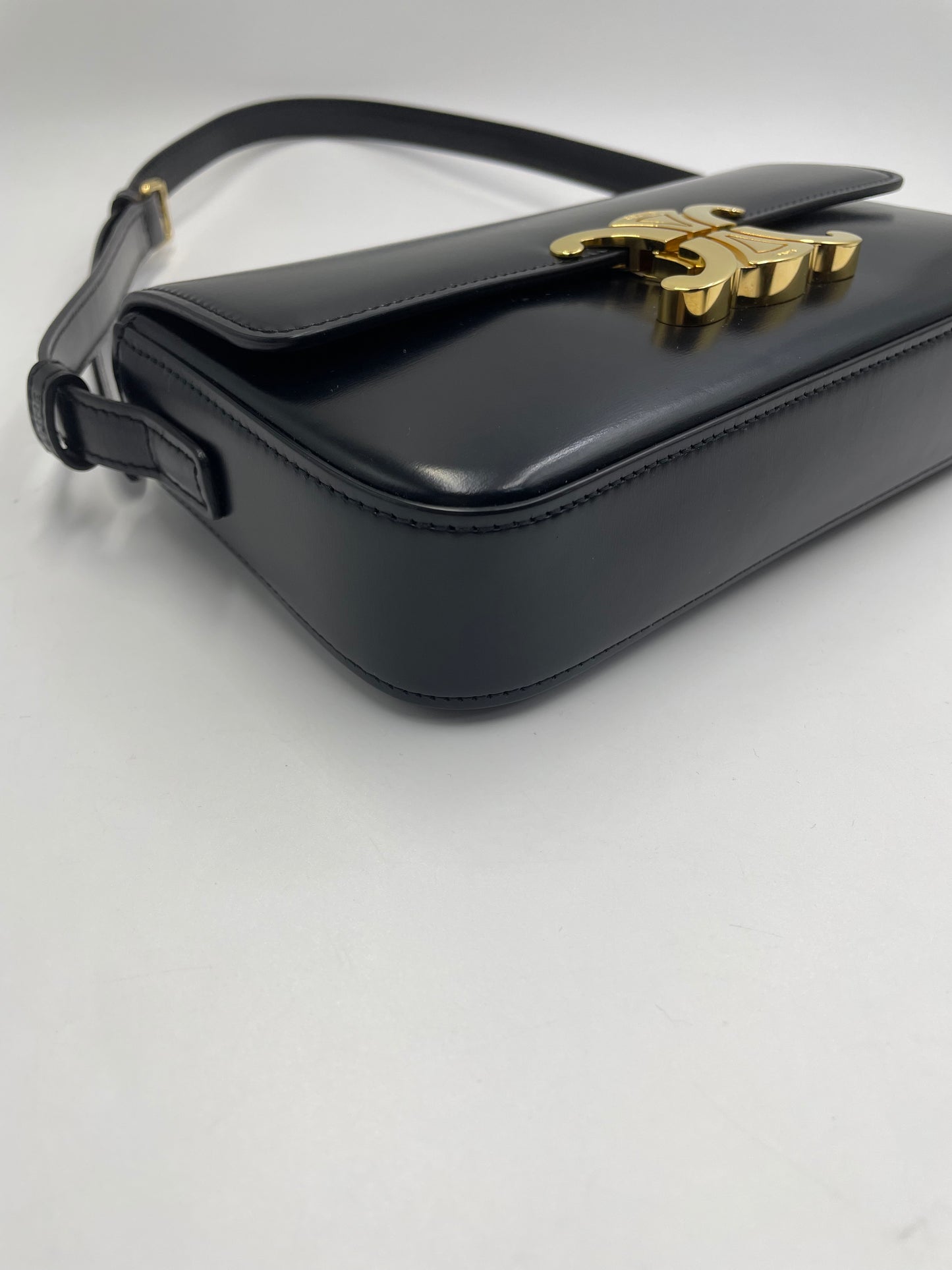 Pre-owned Certified Celine Triomphe Shoulder Bag in Black Shiny Calfskin with Golden Hardware, 2022, w/ dust bag