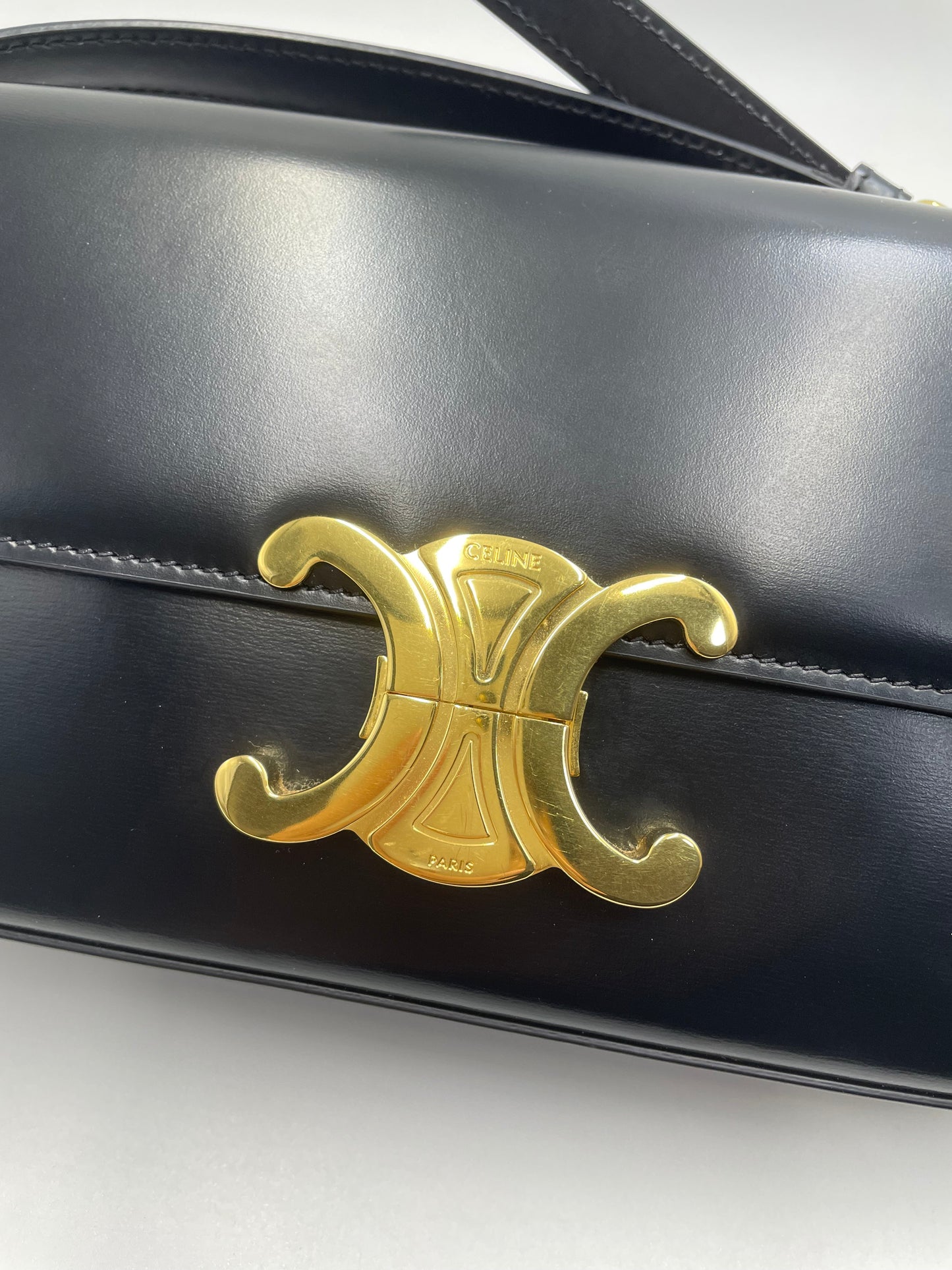 Pre-owned Certified Celine Triomphe Shoulder Bag in Black Shiny Calfskin with Golden Hardware, 2022, w/ dust bag