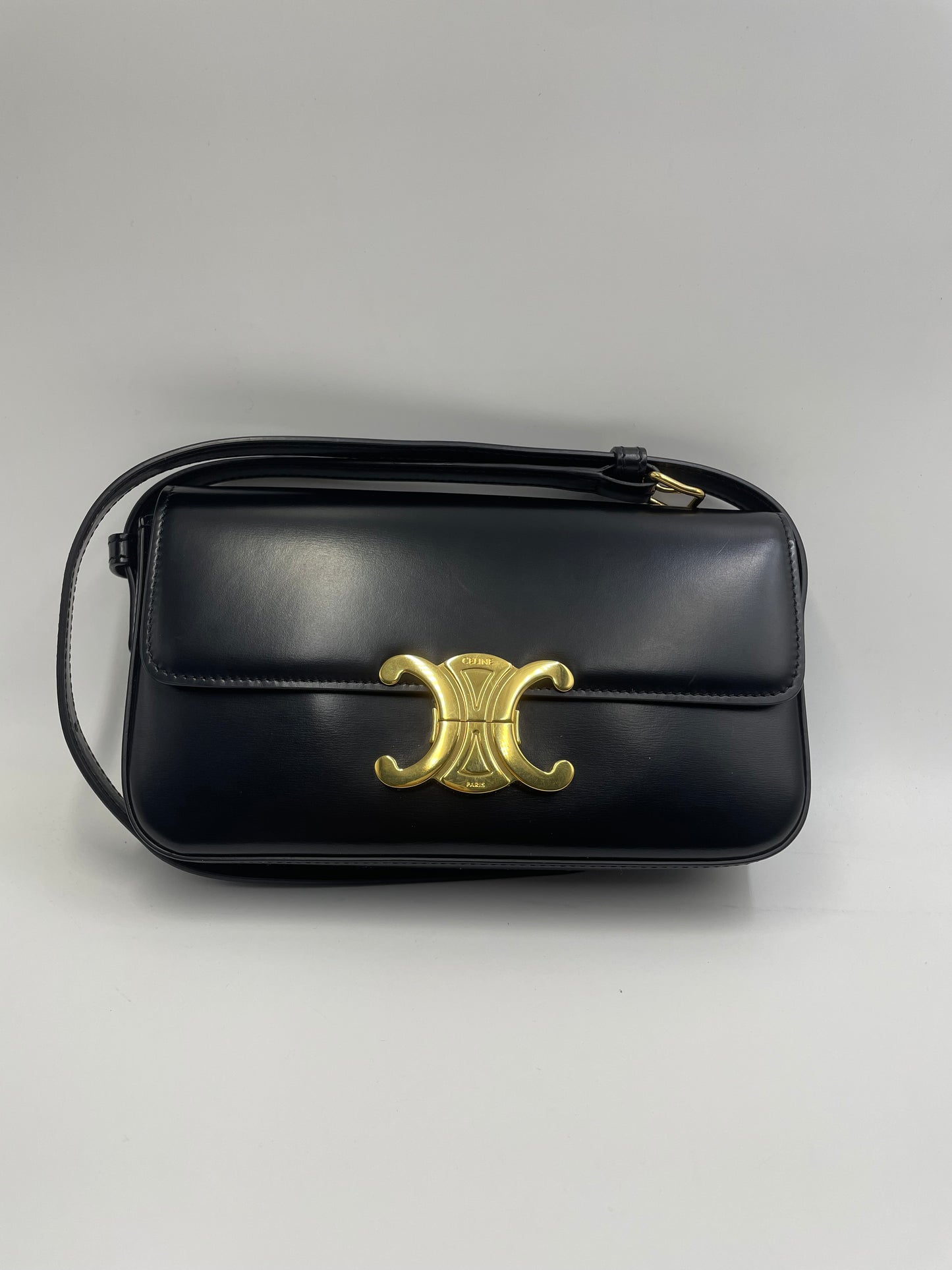 Pre-owned Certified Celine Triomphe Shoulder Bag in Black Shiny Calfskin with Golden Hardware, 2022, w/ dust bag