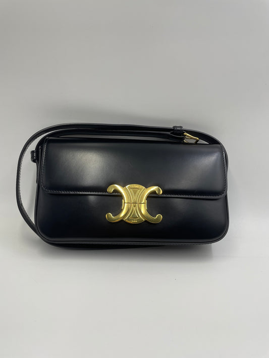 Pre-owned Certified Celine Triomphe Shoulder Bag in Black Shiny Calfskin with Golden Hardware, 2022, w/ dust bag