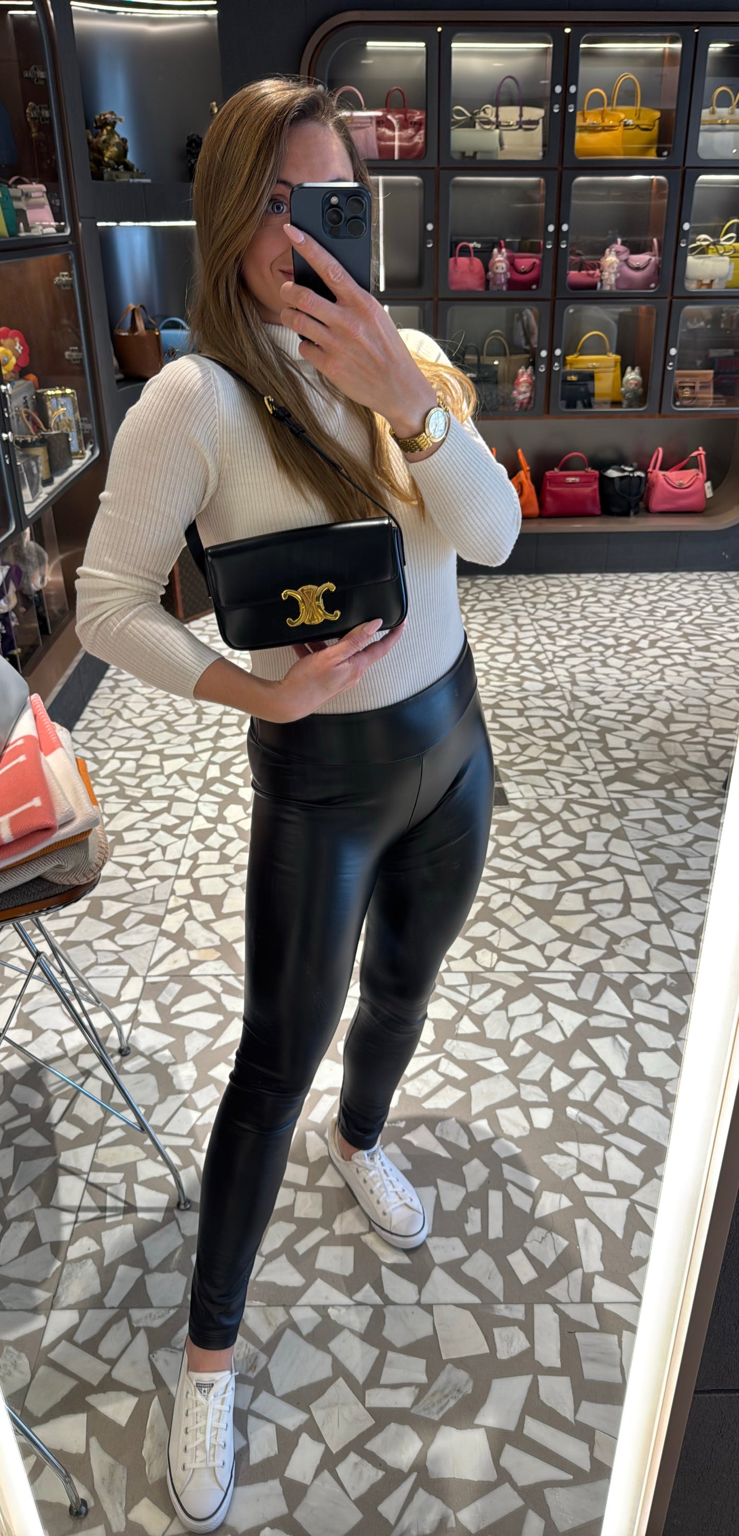 Pre-owned Certified Celine Triomphe Shoulder Bag in Black Shiny Calfskin with Golden Hardware, 2022, w/ dust bag