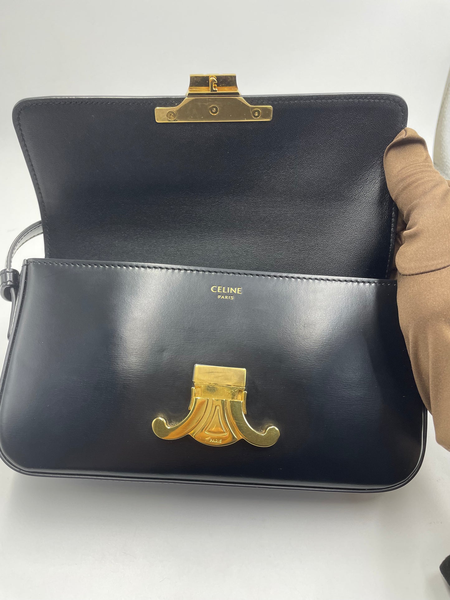 Pre-owned Certified Celine Triomphe Shoulder Bag in Black Shiny Calfskin with Golden Hardware, 2022, w/ dust bag