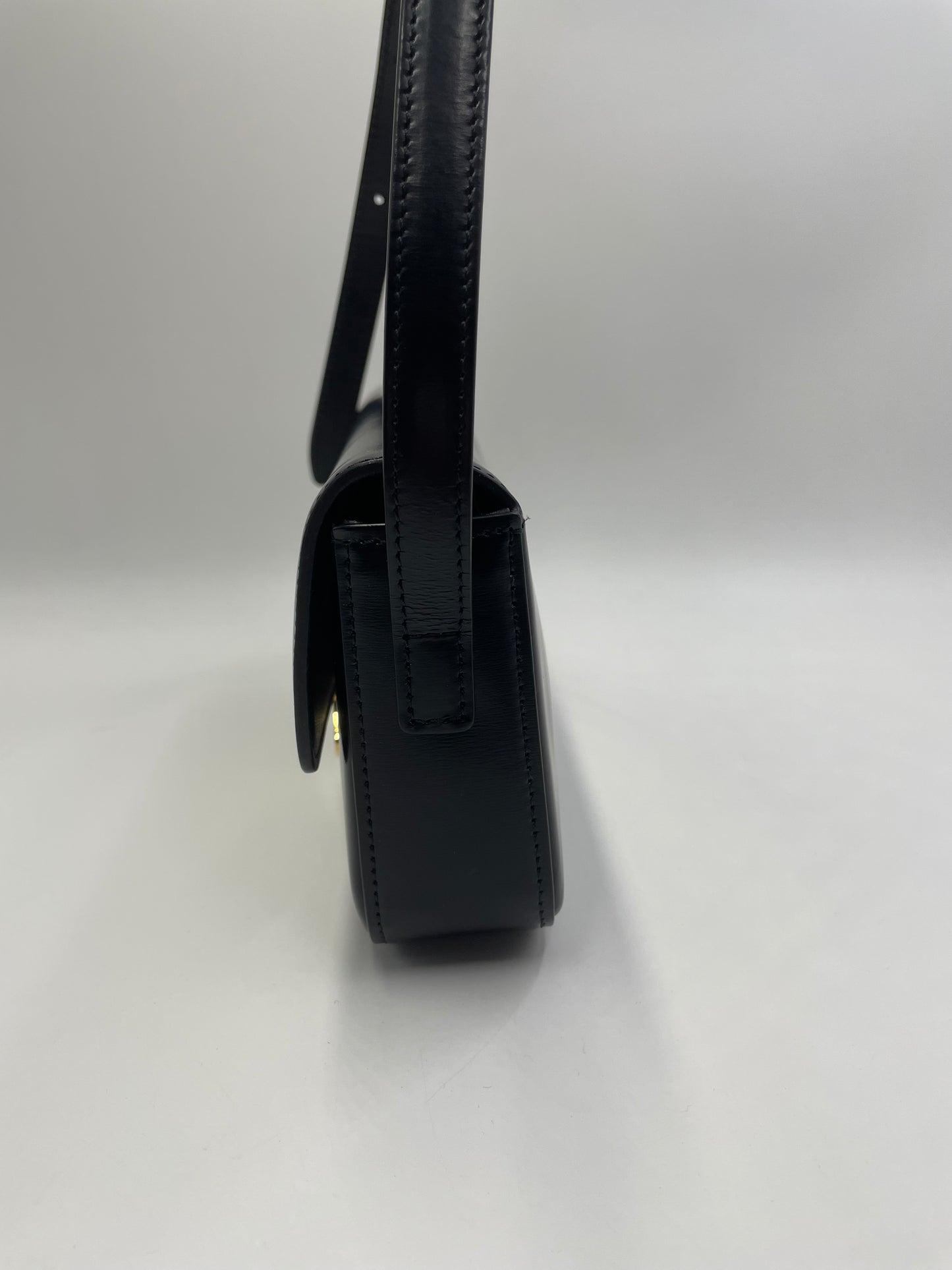 Pre-owned Certified Celine Triomphe Shoulder Bag in Black Shiny Calfskin with Golden Hardware, 2022, w/ dust bag