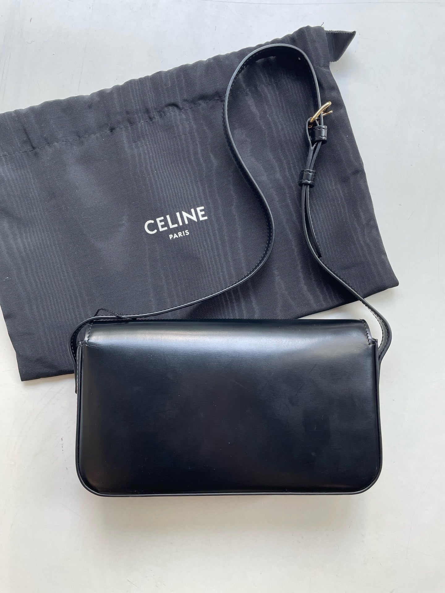 Pre-owned Certified Celine Triomphe Shoulder Black Calfskin with Golden Hardware, w/ dust bag